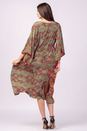 Rochie lunga din matase indiana cu maneca ampla si imprimeu arabesque rosu-verde [6]