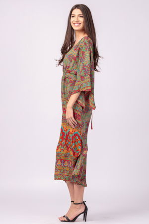 Rochie lunga din matase indiana cu maneca ampla si imprimeu arabesque rosu-verde [5]