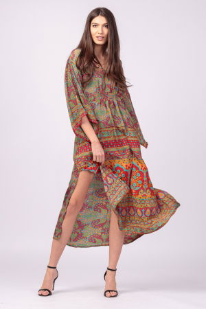 Rochie lunga din matase indiana cu maneca ampla si imprimeu arabesque rosu-verde [8]