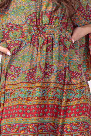 Rochie lunga din matase indiana cu maneca ampla si imprimeu arabesque rosu-verde [3]