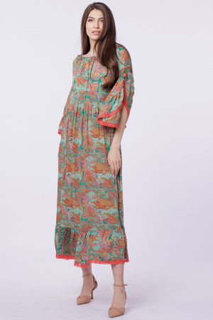 Rochie lunga din matase indiana, pe umeri, cu maneci ample, verde-corai [1]