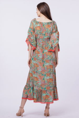 Rochie lunga din matase indiana, pe umeri, cu maneci ample, verde-corai [3]