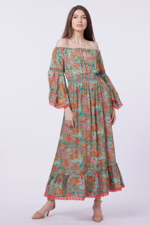 Rochii din Mătase si Vâscoză - Rochie lunga din matase indiana, pe umeri, cu maneci ample, verde-corai