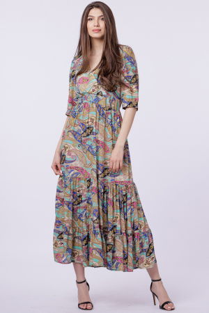 Rochii din Mătase si Vâscoză - Rochie lunga din matase indiana, cu bust petrecut, imprimeu paisley si elemente aurii