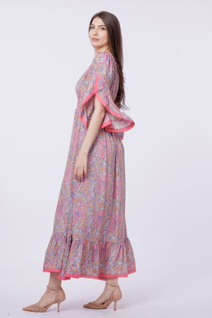 Rochie lunga din matase indiana, pe umeri, cu maneci ample, roz [2]