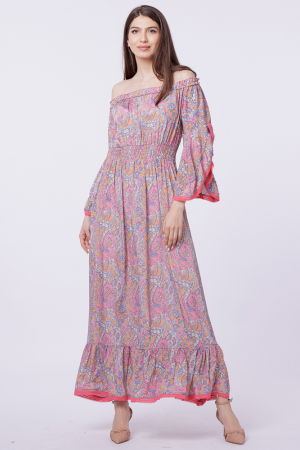 Rochii din Mătase si Vâscoză - Rochie lunga din matase indiana, pe umeri, cu maneci ample, roz