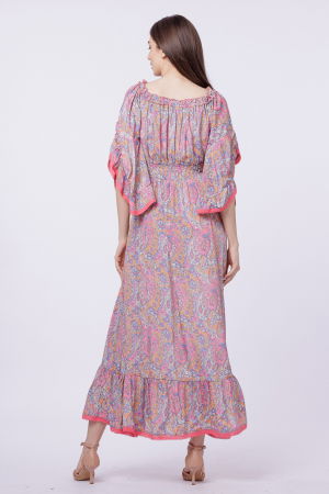 Rochie lunga din matase indiana, pe umeri, cu maneci ample, roz [3]