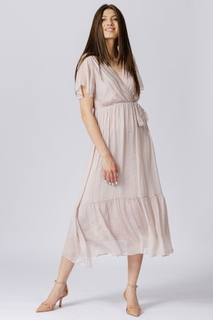 Rochie lunga din matase si vascoza, cu bust petrecut, roz prafuit [2]