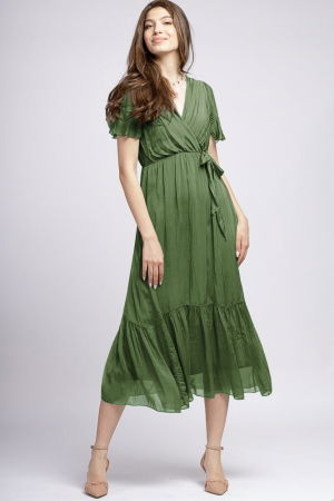 Rochie lunga din matase si vascoza cu bust petrecut, kaki [1]