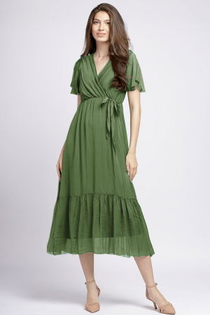 Rochii din Mătase si Vâscoză - Rochie lunga din matase si vascoza cu bust petrecut, kaki