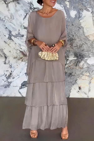 Rochii din Mătase si Vâscoză - Rochie lunga suprapusa din matase si vascoza, cu trei volane mari si maneca cazuta, bej inchis