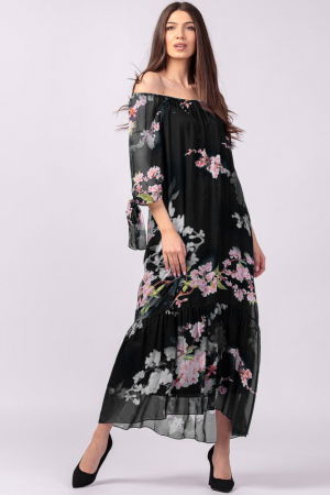Rochie lunga din matase si vascoza, cu imprimeu flori de cires pe fond negru [1]