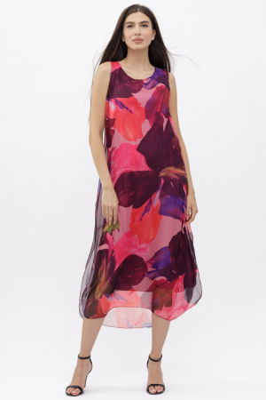 Rochii - Rochie lunga A-line, cu imprimeu fucsia, corai si bordo