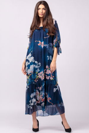 Rochii Elegante & Office - Rochie lunga din matase si vascoza, cu imprimeu flori de cires pe fond bleumarin