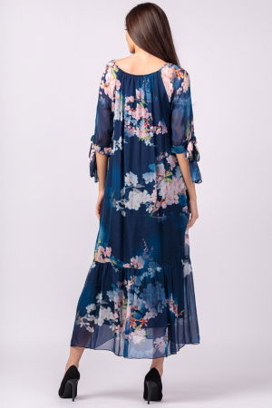 Rochie lunga din matase si vascoza, cu imprimeu flori de cires pe fond bleumarin [6]