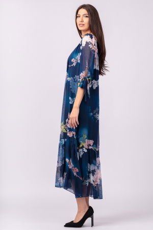 Rochie lunga din matase si vascoza, cu imprimeu flori de cires pe fond bleumarin [5]
