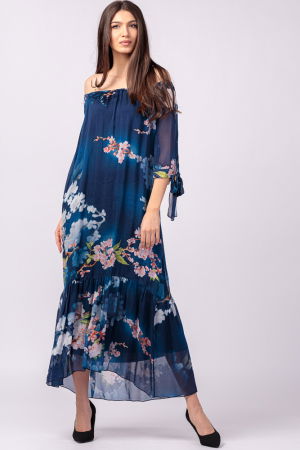 Rochie lunga din matase si vascoza, cu imprimeu flori de cires pe fond bleumarin [3]