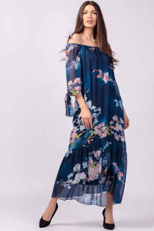 Rochie lunga din matase si vascoza, cu imprimeu flori de cires pe fond bleumarin [4]