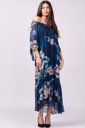 Rochie lunga din matase si vascoza, cu imprimeu flori de cires pe fond bleumarin [2]