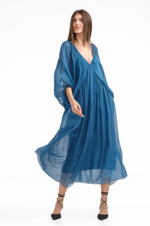 Rochie lunga din matase si vascoza, cu maneci ample si decolteu adanc, turcoaz inchis [1]