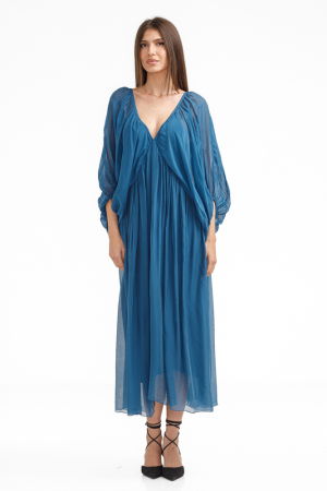 Rochie lunga din matase si vascoza, cu maneci ample si decolteu adanc, turcoaz inchis [4]