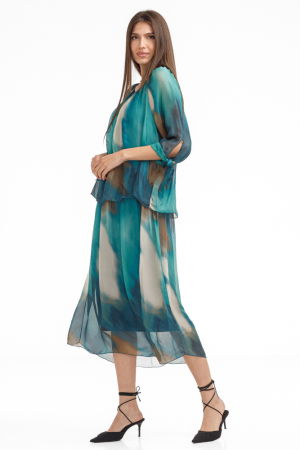 Rochie lunga din matase si vascoza, cu suprapunere si imprimeu abstract turcoaz [1]