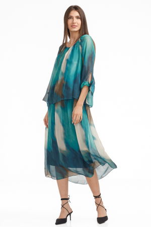 Rochii din Mătase si Vâscoză - Rochie lunga din matase si vascoza, cu suprapunere si imprimeu abstract turcoaz