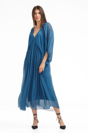 Rochii - Rochie lunga din matase si vascoza,, cu maneci ample si decolteu adanc, turcoaz inchis