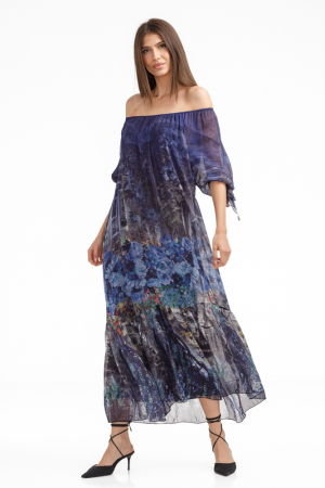 Rochie lunga din matase si vascoza,, cu imprimeu floral pictural pe fond bleumarin [2]