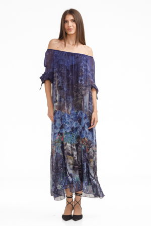 Rochie lunga din matase si vascoza,, cu imprimeu floral pictural pe fond bleumarin [1]
