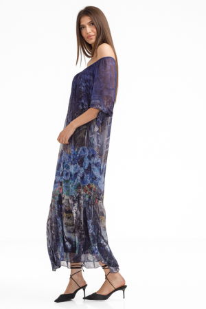 Rochie lunga din matase si vascoza,, cu imprimeu floral pictural pe fond bleumarin [3]