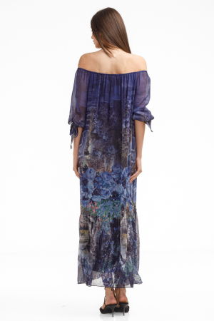 Rochie lunga din matase si vascoza,, cu imprimeu floral pictural pe fond bleumarin [4]