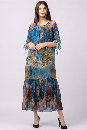 Rochie lunga din matase si vascoza, cu imprimeu pictural in nuante de albastru [1]