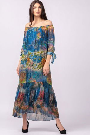 Rochii Elegante & Office - Rochie lunga din matase si vascoza, cu imprimeu pictural in nuante de albastru