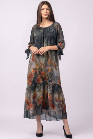Rochie lunga din matase si vascoza, cu imprimeu pictural floral pe fond negru [1]