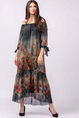 Rochii Elegante & Office - Rochie lunga din matase si vascoza, cu imprimeu pictural floral pe fond negru