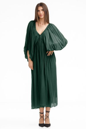 Rochie lunga din matase si vascoza, cu maneci ample si decolteu adanc, verde inchis [1]