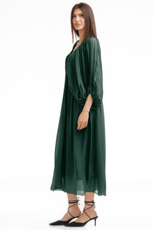 Rochie lunga din matase si vascoza, cu maneci ample si decolteu adanc, verde inchis [2]