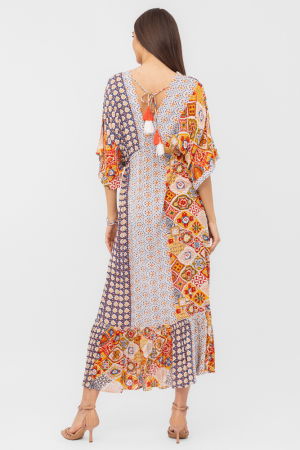 Rochie lunga din vascoza cu decolteu in V, imprimeu decorativ si volane [2]