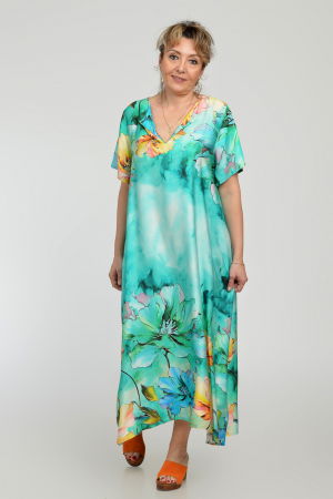 Rochie lunga A-line din vascoza cu matase, cu imprimeu floral pictural pe fond turcoaz [2]