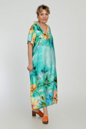 Rochie lunga A-line din vascoza cu matase, cu imprimeu floral pictural pe fond turcoaz [3]