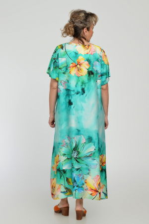 Rochie lunga A-line din vascoza cu matase, cu imprimeu floral pictural pe fond turcoaz [6]