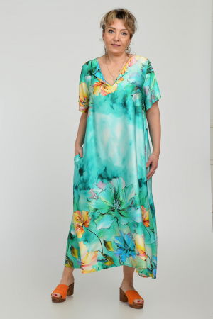 Rochie lunga A-line din vascoza cu matase, cu imprimeu floral pictural pe fond turcoaz [4]