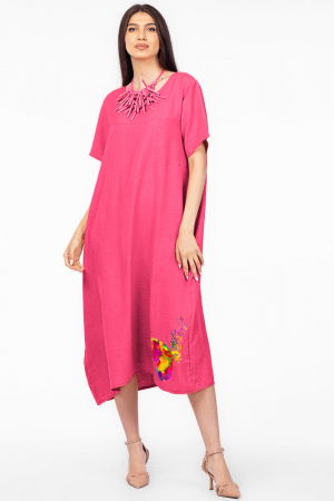Rochii masuri mari - Rochie lunga fucsia din in mercerizat, marime oversize cu fluture stilizat