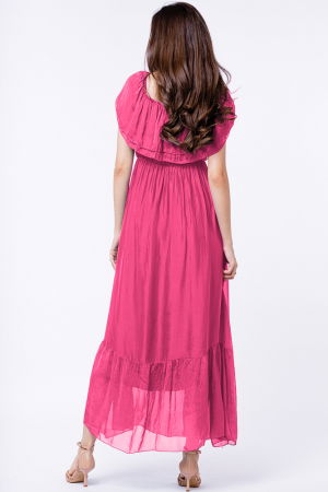Rochie lunga, fucsia, din matase si vascoza, cu volan pe umeri [2]