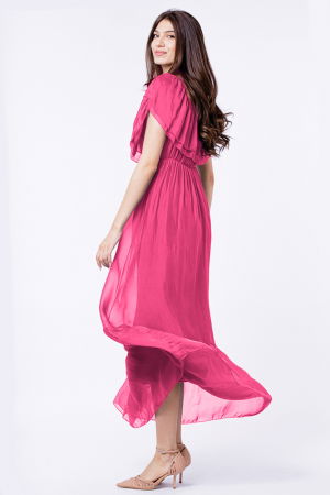Rochie lunga, fucsia, din matase si vascoza, cu volan pe umeri [1]