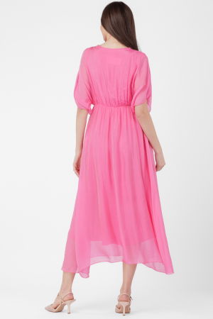 Rochie lunga in colturi, din matase si vascoza, cu bust petrecut, roz fucsia [3]