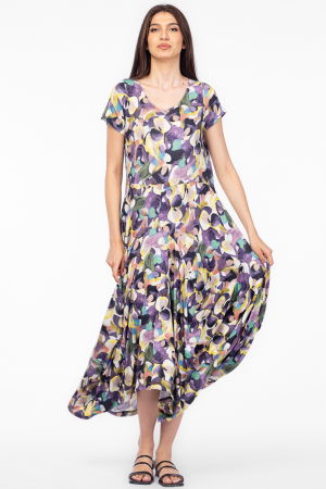 Rochii din Jerseu - Rochie lunga in colturi, din tricot de vascoza, imprimeu abstract mov