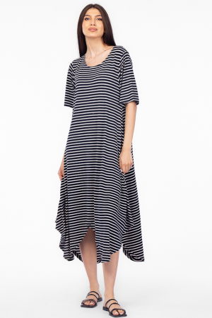 PLAJĂ SI VACANȚĂ - Rochie cu colturi rotunjite, din tricot de vascoza, imprimeu dungi alb-bleumarin