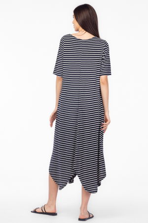 Rochie cu colturi rotunjite, din tricot de vascoza, imprimeu dungi alb-bleumarin [2]